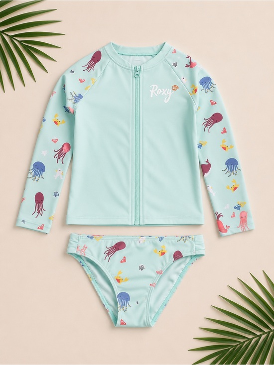 Roxy Other - Roxy Toddler Girls' Mint Zip Front Rashguard with Ocean Print Sleeves